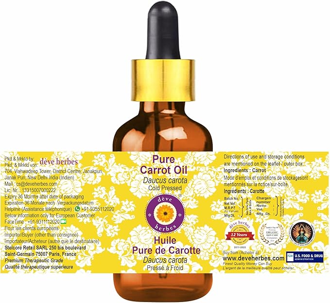 Deve Herbes Carrot Oil (Daucus carota) with Glass Dropper | Cold Pressed | Pure | Natural | for Diluting Essential Oils | for Skin & Massage | Non-Sticky | Lightweight | Unisex | 15ml (0.50 oz)