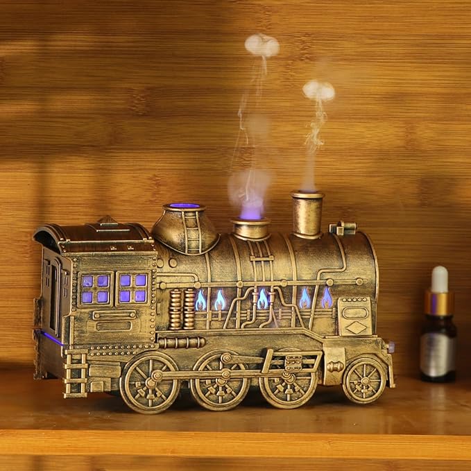 300ml Vintage Steam Train Aromatherapy Essential Oil Diffuser with Dual-Color LED Light, Train Oil Diffuser, 2 Mist Modes, Auto Shut-Off, Ultra-Quiet Humidifier for Home, Office (White,Colorful)