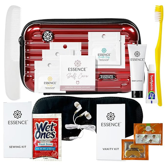 Essence Travel Amenity Kit | Travel Essentials & Travel Size Toiletries Kit | 5-Pack Nasal Diffuser Rings, Sleep Mask, Lotion & Hygiene Kit | Travel Toiletry Kit for Women | Burgundy Case