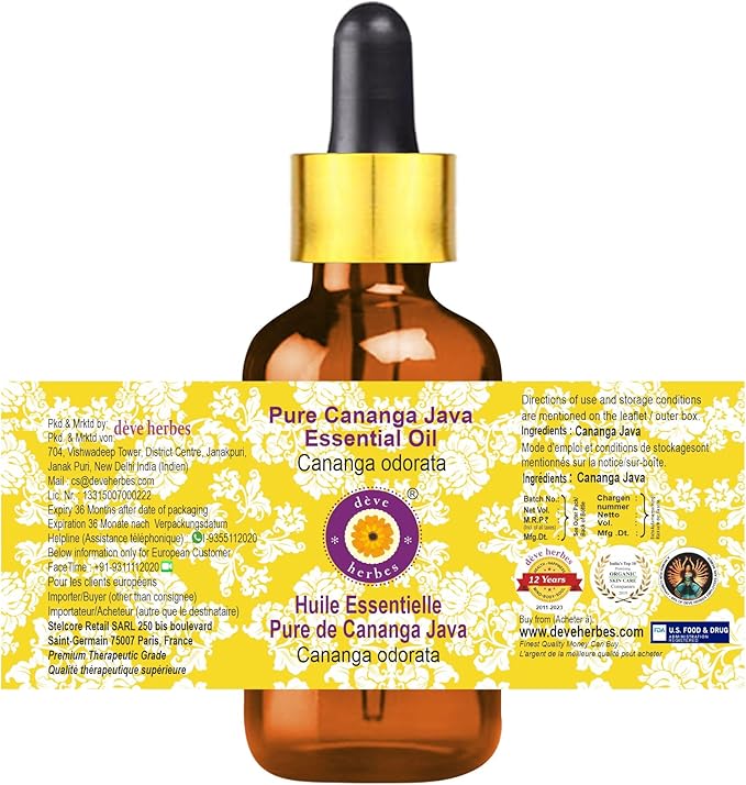 Deve Herbes Pure Cananga Java Essential Oil (Cananga odorata) with Glass Dropper Steam Distilled 50ml (1.69 oz)