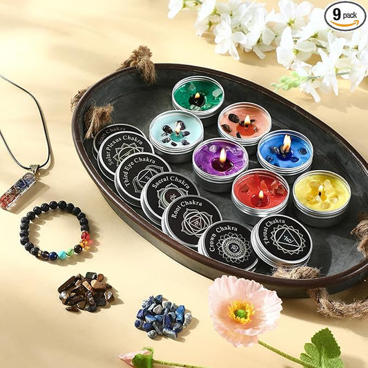 9 Pcs Chakra Candles Set with Healing Crystal Bracelet Necklace Spiritual Gifts for Women Meditation Scented Soy Aromatherapy Healing Candles Reiki Gifts for Positive Energy Yoga Relaxation