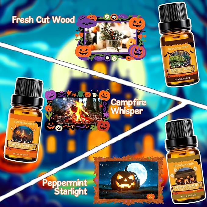 RAINBOW ABBY Fragrance Oil Halloween Set- Fresh Cut Wood, Pumpkin Pie, Campfire Whisper, Candy Land, Peppermint Starlight, and Caramel Crunch Candle Freshie Scents for Candle & Soap Making, 6x10ml