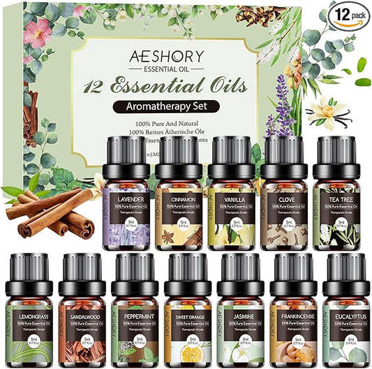Essential Oils Set - 12 Pcs Organic Aromatherapy Essential Oil Kit for Diffuser, Humidifier, Aromatherapy, Massage, Soap, Candle Making (5mL)