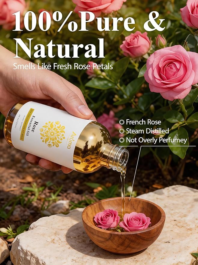 Rose Essential Oil 4 Fl Oz - Made in USA - 100% Pure Essential Oils - Essential Oils for Skin - Brighten the Skin Tone - Diffuser Oil Gifts for Women