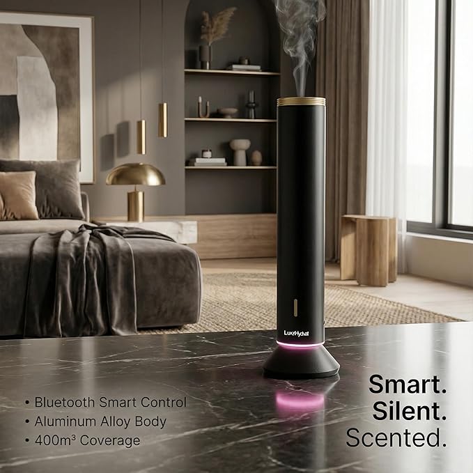 Waterless Essential Oil Diffuser: Smart App & Remote Control, 4000 Sq Ft Coverage, Quiet Aroma Diffuser for Large Room Home Hotel Office, Up to 20H Runtime, 360° Light & Time (Black, Cylindrical)