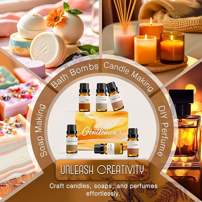 RAINBOW ABBY Fragrance Oil Gentlemen's Set - Leather, Bay Rum, Teakwood, Cedar, Sweet Tobacco, Sandalwood Aromatherapy Oils for Candle & Soap Making, Diffuser Oil Scents (6x10ML)