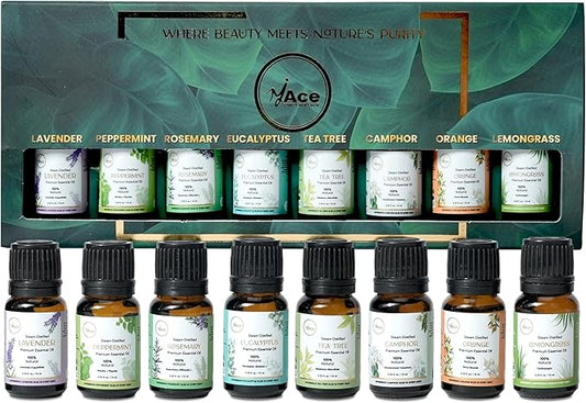 My ACE Pure Aromatherapy Pure Essential Oil Kit for Diffuser for Home, Candle Making Peppermint, Lavender, Eucalyptus, Tea Tree, Rosemary, Camphor, Lemongrass, Orange | 0.33 oz Each Set of 8