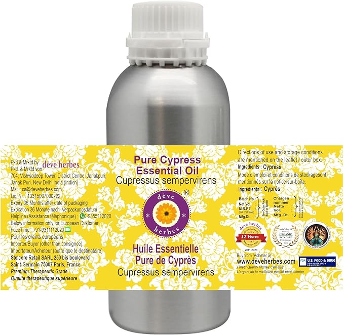 Deve Herbes Pure Cypress Essential Oil (Cupressus sempervirens) Steam Distilled 630ml (21 oz)