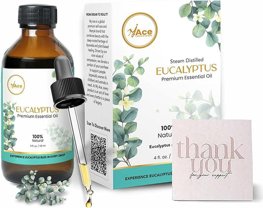 My Ace Eucalyptus Essential Oil – 100% Pure & Natural, Steam-Distilled, Undiluted Oil for Diffuser, Aromatherapy, Massage, Candle & Soap Making – Amber Glass Bottle with Dropper – 4 fl oz
