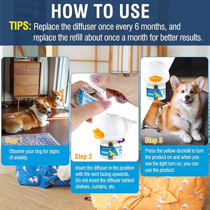 Dog Calming Pheromone Diffuser for Relief Anxiety, Reducing Barking, Attacks and Combating Stress & 3 in 1 Calming Diffuser for Dogs 48ML 2 Refills Fit All Dogs