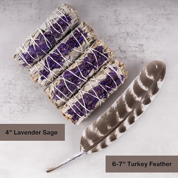 4 pc Lavender Sage Smudge Sticks with Turkey Feather – 4” Lavender Sage Bundle for Home Cleansing, Energy Healing, Meditation, Reiki, and Clearing Negative Energy- Includes Smudging Guide