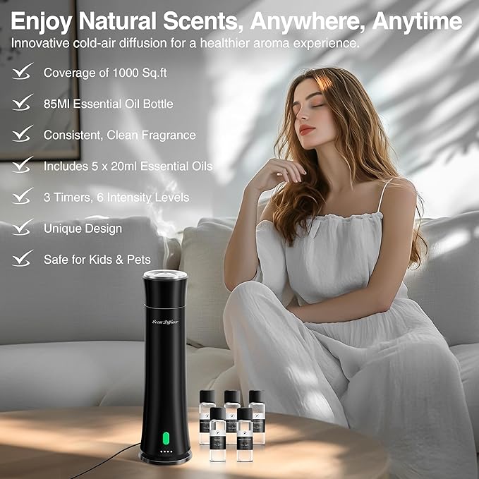 Hotel Scent Diffuser Starter Kit - 1500 Sq Ft Coverage, Premium Plastic Essential Oil Diffuser, Waterless Diffuser for Home, Hotel, Office, 5 Scent Essential Oils Included, Large Room, Black, 11In