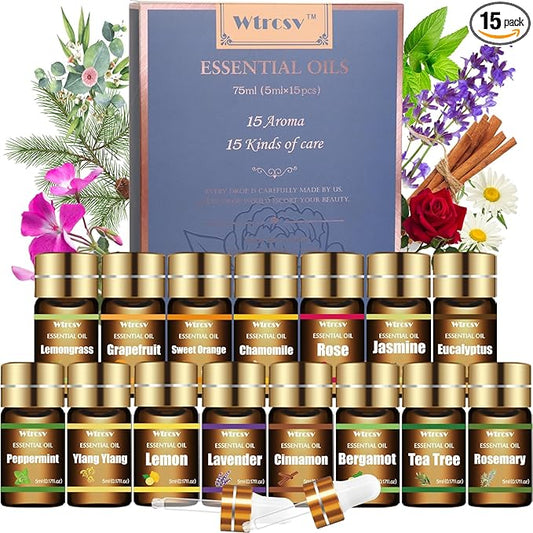 Essential Oils Set - Top 15 Scents for Diffuser, Humidifier, Skin Care, Aromatherapy, Massage, Candle & Soap Making - Fragrance Gift Set (5ml)