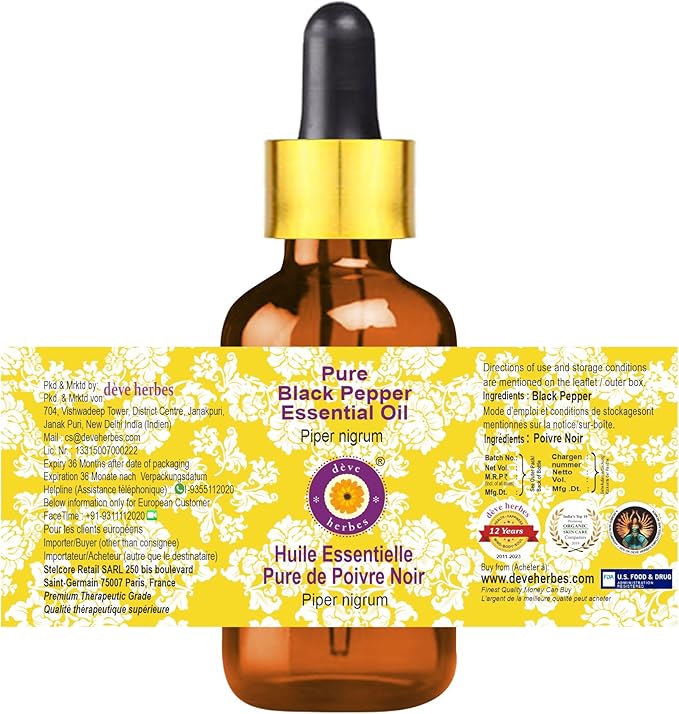 Deve Herbes Pure Black Pepper Essential Oil (Piper nigrum) with Glass Dropper Steam Distilled 10ml (0.33 oz)