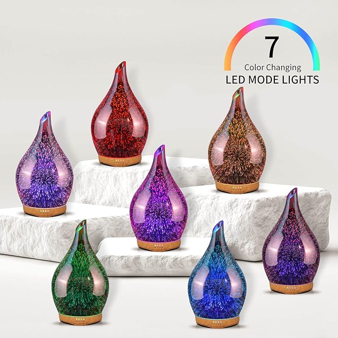Porseme Essential Oil Diffuser Hand-Blown Glass Aroma Diffusor, Aromatherapy Unltrasonic Cool Mist deffuser, 7 Color Changing, Waterless Shut-Off, Timer Function for Home Office(280ml, Rose Gold)