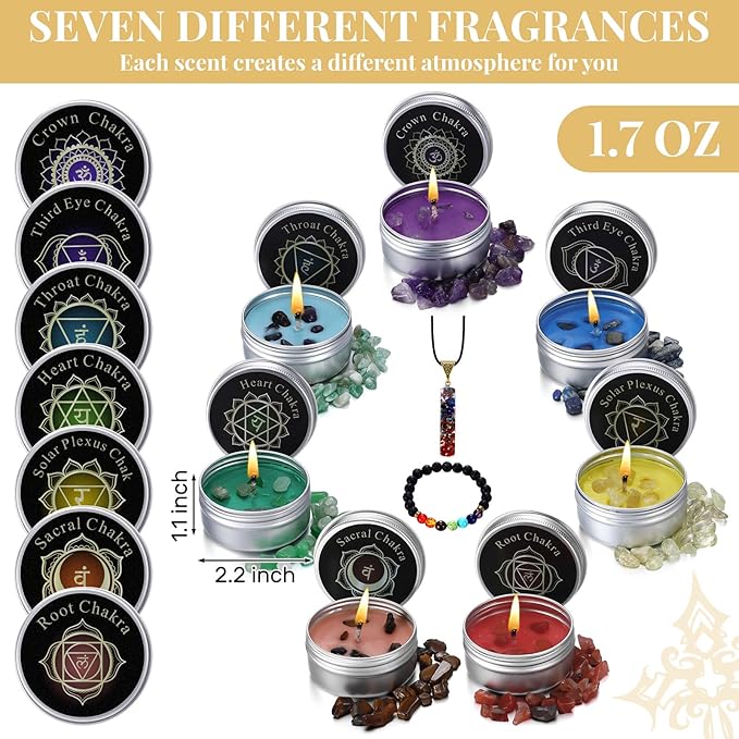9 Pcs Chakra Candles Set with Healing Crystal Bracelet Necklace Spiritual Gifts for Women Meditation Scented Soy Aromatherapy Healing Candles Reiki Gifts for Positive Energy Yoga Relaxation
