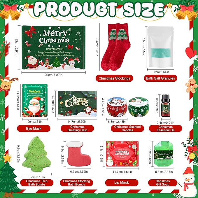 JAOJAO Christmas Gift Sets for Women, Bath Gift Set for Women Secret Santa Gifts Stocking Stuffers Festive Self-Care with Massage Oil, Scented Candle, Bath Salts, Soap, Stocking, Greeting Cards