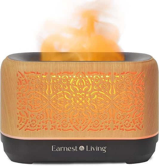 Earnest Living Essential Oil Diffuser Classic Flame Diffuser 200ml Timers Night Lights and Auto Off Function Home Office Humidifier Aromatherapy Diffusers for Essential Oils Wood