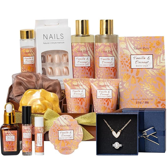 Mothers Day Gifts for Women, Skin care set Gifts, 16 Pcs Spa Gifts for Woman Coconut Vanilla Scents Skin Care Kit, Facial Kit with Face Day Cream, Night Cream, Skincare Set in Makeup Storage Box