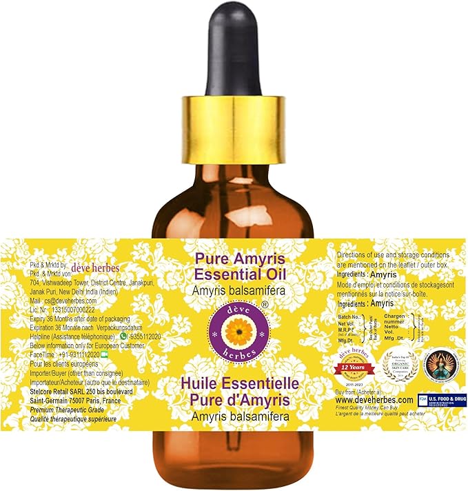 Deve Herbes Pure Amyris Essential Oil (Amyris balsamifera) with Glass Dropper Steam Distilled 50ml (1.69 oz)