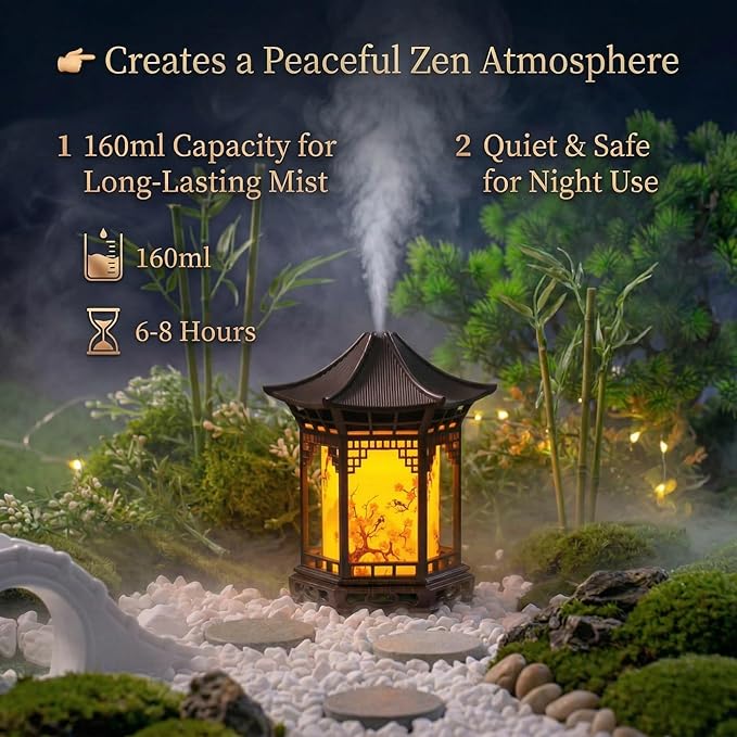 Zen Pavilion Lantern Aroma Diffuser & Night Light, 160ml Diffuser, Dual Mist Modes, Chinese Zen Garden Humidifier, Warm & White Light for Sleep, Yoga, Meditation & Spa(Light Wood)