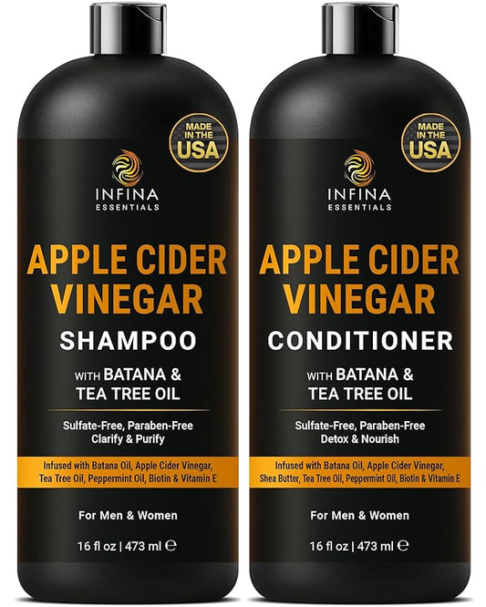 INFINA ESSENTIALS Apple Cider Vinegar Shampoo and Conditioner Set | Clarifying & Detoxifying for Oily Scalp | 16 fl oz Each | with Batana Oil, Biotin & Tea Tree Oil | Men & Women | Made in USA