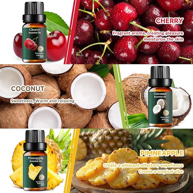 Pure Fruity Essential Oils Set Lemon, Grapefruit, Orange, Bergamot, Pineapple, Coconut, Mango, Pomegranate, Blueberry, Fig, Lychee, Cherry Aromatherapy Oil for Diffuser, Candle & Soap Making 12x10ml