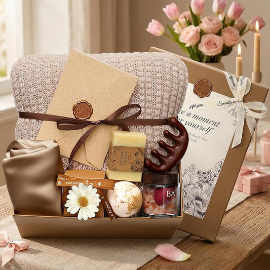 Self Care Gifts Baskets for Women, Relaxing Spa Care Package for Women, Mother's Day Birthday Gift Get Well Soon Gifts Baskets Thinking of You Gift, Spa Gift Basket with Bonnet & Massgae Comb, Brown