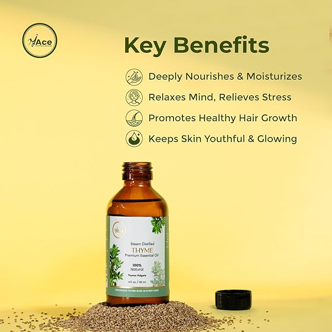 My Ace Pure & Natural Thyme Essential Oil – Steam-Distilled Thymus Vulgaris | 100% Natural Oil for Diffuser, Aromatherapy, Hair & Skin Care, Massage, Soap & Candle Making – 4 fl oz with Dropper