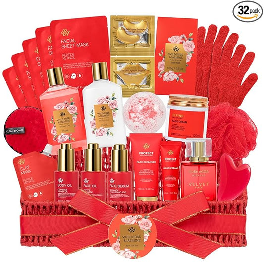 32 Pcs Mother's Day Gift, Red Rose Bath and Body Gift Basket Set for Women, Hydrating Face Skin Care Set, Home Spa Basket, Self Care Set, Birthday, Christmas, Anniversary, Wife, Mom