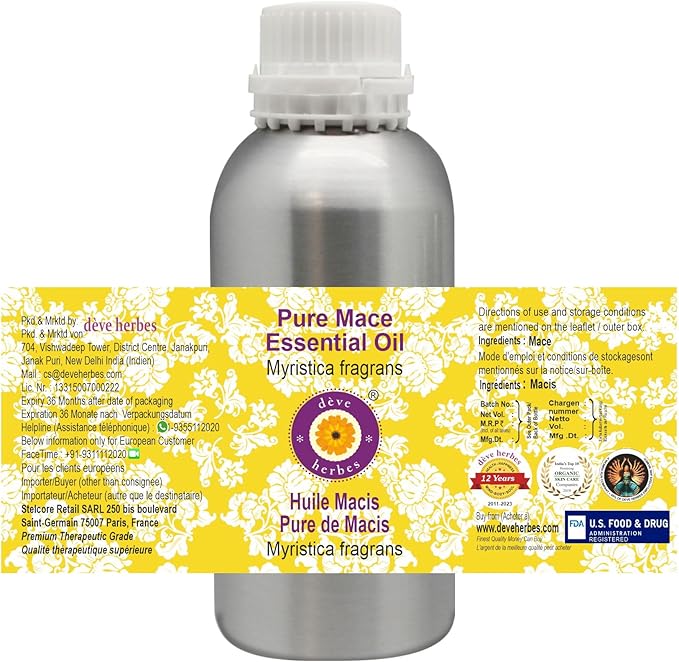 Deve Herbes Pure Mace Essential Oil (Myristica fragrans) Steam Distilled 300ml (10 oz)