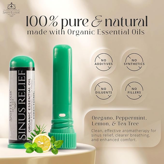 SniffElixir Nasal Stick Inhaler, Vapor Inhaler for Sinus Pressure Relief, Nasal Inhaler Stick, Organic Essential Oil Inhaler for Congestion Comfort & Clear Breathing