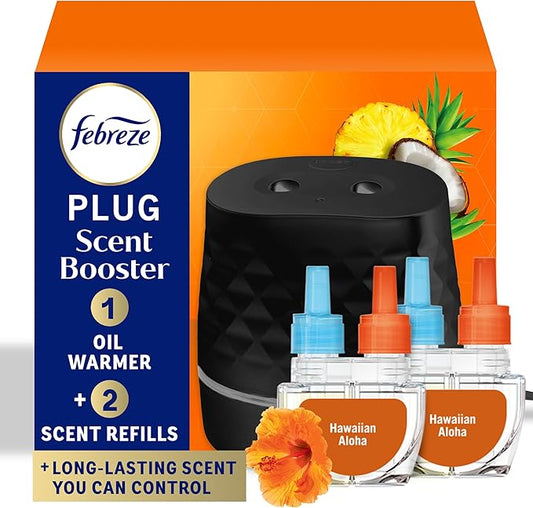 Febreze Plug Scent Booster Starter Kit, Black, Oil Diffuser, Air Freshener Plug in, Continuous Scent Device + 2 Hawaiian Aloha Refill