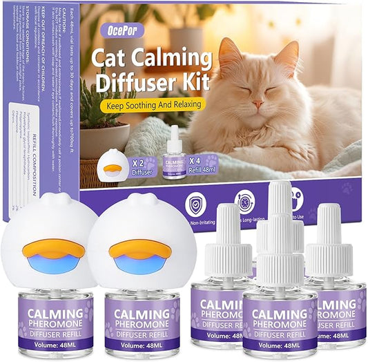 OcePor Cat Calming Diffuser 4 Refill Solutions, 2 Plugs- Cat Pheromones Calming Diffuser Refill, Pheromone Diffuser to Calm Cats, Cat Anxiety Relief