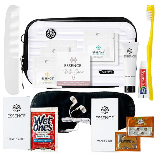 Essence Travel Amenity Kit | Travel Essentials & Travel Size Toiletries Kit | 5-Pack Nasal Diffuser Rings, Sleep Mask, Lotion & Hygiene Kit | Travel Toiletry Kit for Women | White Case