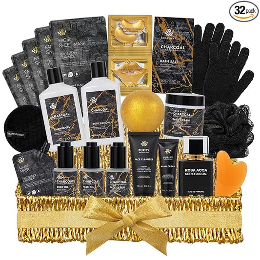 32 Pcs Mother's Day Gift for Mom, Charcoal Bath & Body Gift Basket Set for Women & Men, Hydrating Face Skin Care Set, Self-Care Relaxation Gift,Birthday, Christmas, Anniversary, Wife