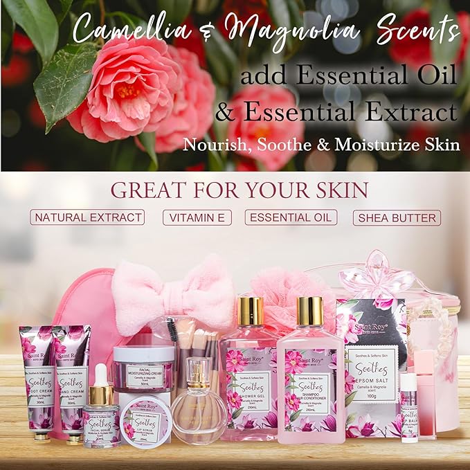 Camellia & Magnolia Facial Skin Care Set, 27 Pcs Bath & Body Spa Basket for Women, Beauty Care Kit, Makeup Bag, Face Serum, Perfume, Christmas, Mother Day, Valentine's, Birthday, Bridal Shower