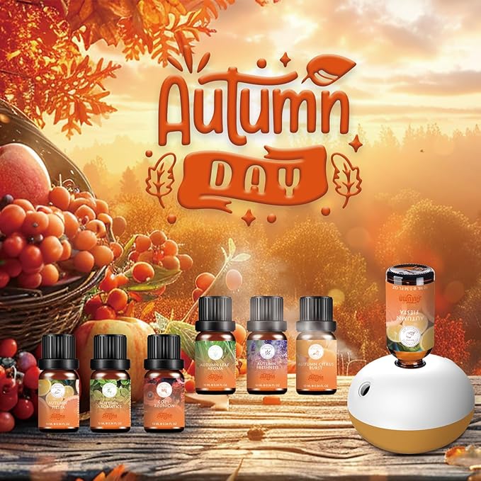 Fall Essential Oils Set - Pure Plant Extracts, Oil Diffuser Essential Oils, Essential Oils for Diffusers for Home, Includes Citrus Burst, Freshness, Cozy Reunion, Fiesta, Leaf Aroma, Aromatic