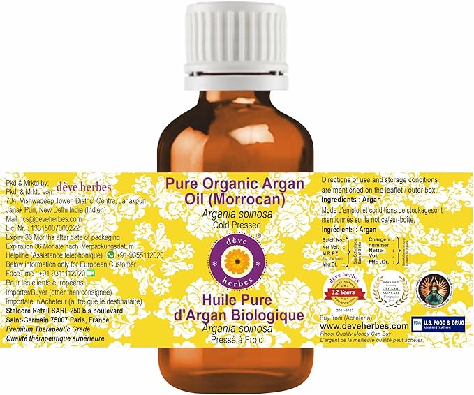 dève herbes Organic Argan Oil (Argania spinosa) | Cold Pressed | Pure | Natural | Undiluted | For Diluting Essential oils | For Hair, Skin & Massage | Non-Sticky| Lightweight| Unisex | 10ml (0.33 oz)