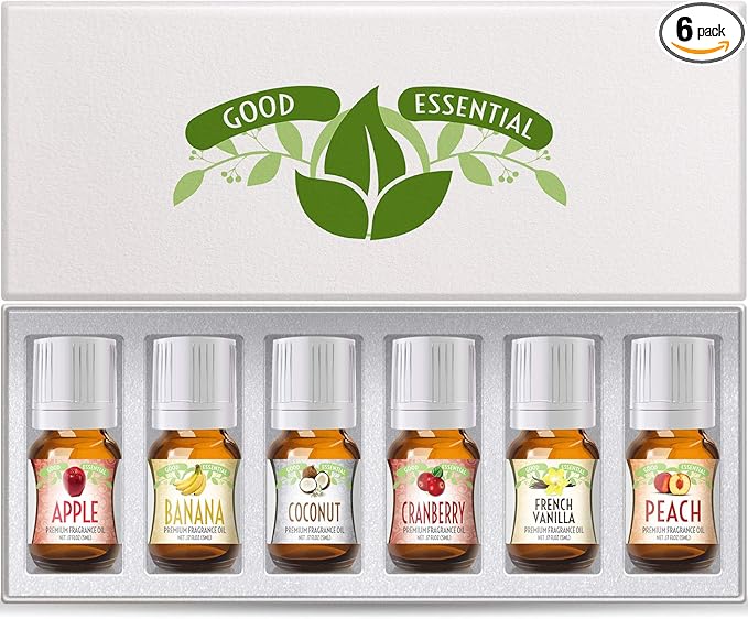 Good Essential Fragrance Oils Set, 6-Pack: Banana Oil, Cranberry, Apple, Coconut, French Vanilla, Peach - Aromatherapy & Candle Scent