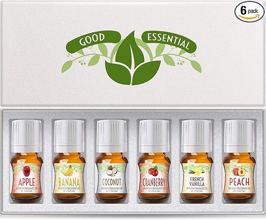 Good Essential Fragrance Oils Set, 6-Pack: Banana Oil, Cranberry, Apple, Coconut, French Vanilla, Peach - Aromatherapy & Candle Scent