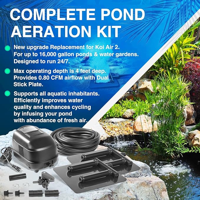 Complete Pond Aeration Kit, Water Garden Oxygenation Bubbler System Adds Oxygen to Koi & Fish Ponds, Outdoor Diaphragm Compressor Pump, Air Line & 2 Submersible Diffuser Sticks