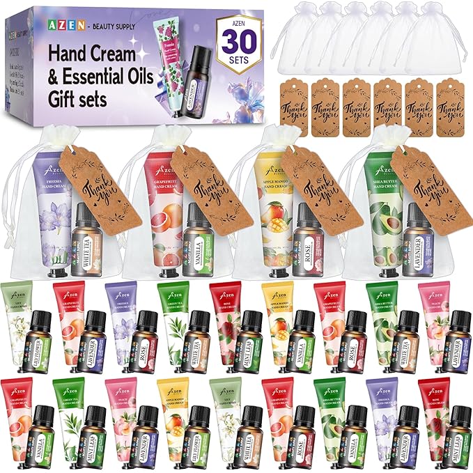 AZEN 30 Sets Bulk Gifts, Hand Cream and Essential Oils Bulk Set with Organza Bag Thank You Card, Baby Shower Wedding Gift for Guests, Bridal Wedding Favors, Mothers Day Gifts Stocking Stuffers