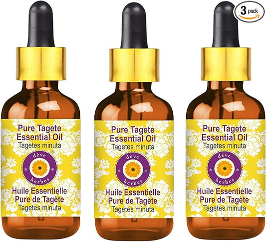Deve Herbes Pure Tagete Essential Oil (Tagetes minuta) with Glass Dropper Steam Distilled (Pack of Three) 100ml X 3 (10 oz)