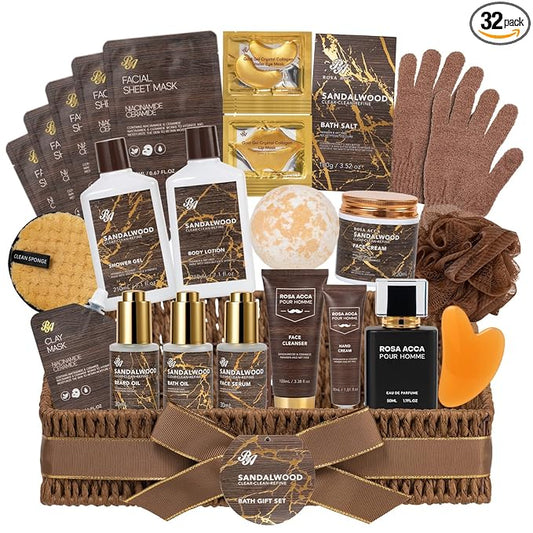 Sandalwood 32 Pcs Bath & Body Gift Basket for Men, Beard Grooming Set, Face Skin Care Kit, Home Spa Basket Gift Set, Bath Bomb, Birthday, Christmas, Valentines, Father's Day, Anniversary