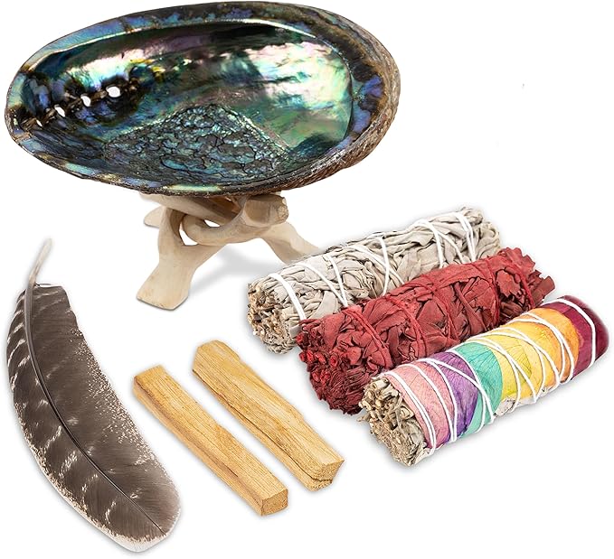 Wish Well Sage Smudge Kit ~ 4" Dragon Blood, Chakra, White Sage Smudge Stick, Palo Santo Sticks, Abalone Shell, Stand, Feather ~ Cleansing House & Meditation ~ Perfect Starter Kit with Instructions