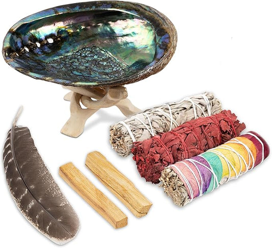 Wish Well Sage Smudge Kit ~ 4" Dragon Blood, Chakra, White Sage Smudge Stick, Palo Santo Sticks, Abalone Shell, Stand, Feather ~ Cleansing House & Meditation ~ Perfect Starter Kit with Instructions