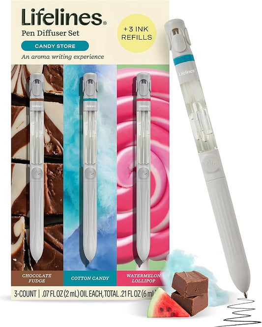 Lifelines Pen Diffuser Set, Candy Store 3-Pack - 1mm Black Ballpoint Pens with Scented Essential Oil Blends – Aromatherapy Diffuser & Sensory Immersion Diffuse Aroma As You Write
