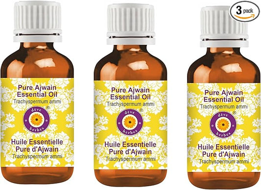 Deve Herbes Pure Ajwain Essential Oil (Trachyspermum ammi) Steam Distilled (Pack of Three) 100ml X 3 (10 oz)