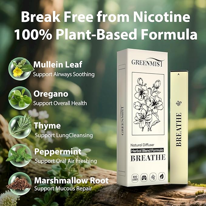 GreenMist Mullein Diffuser Pen - Refreshing Blend with Mullein Marshmallow Root Thyme Mint & Oregano Leaf - 800 Uses All-Natural Botanicals, 2 Packs